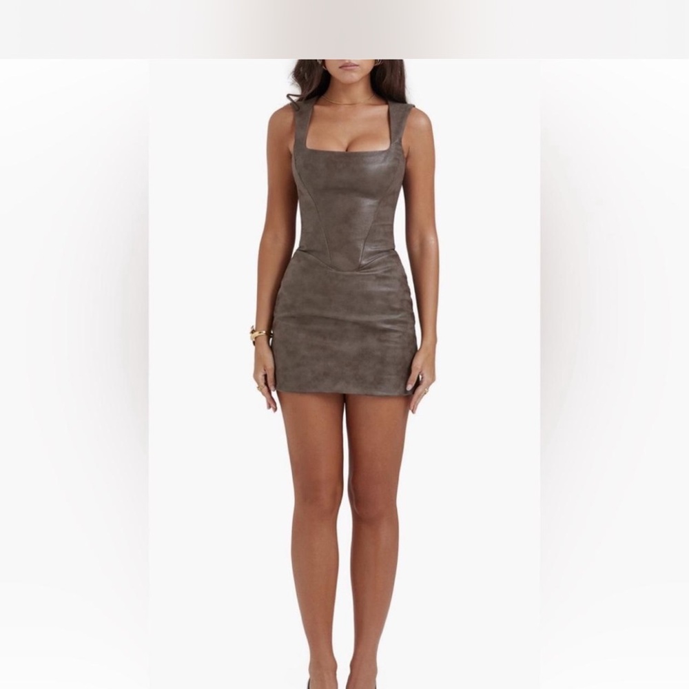 HOUSE OF CB PANDORA BROWN LEATHER MINI DRESS LARGE WORN ONCE CORSET